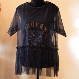 ZARA | NWOT - MODERN REBEL CAT TOP WITH SHEER RUFFLE LACE OVERLAY